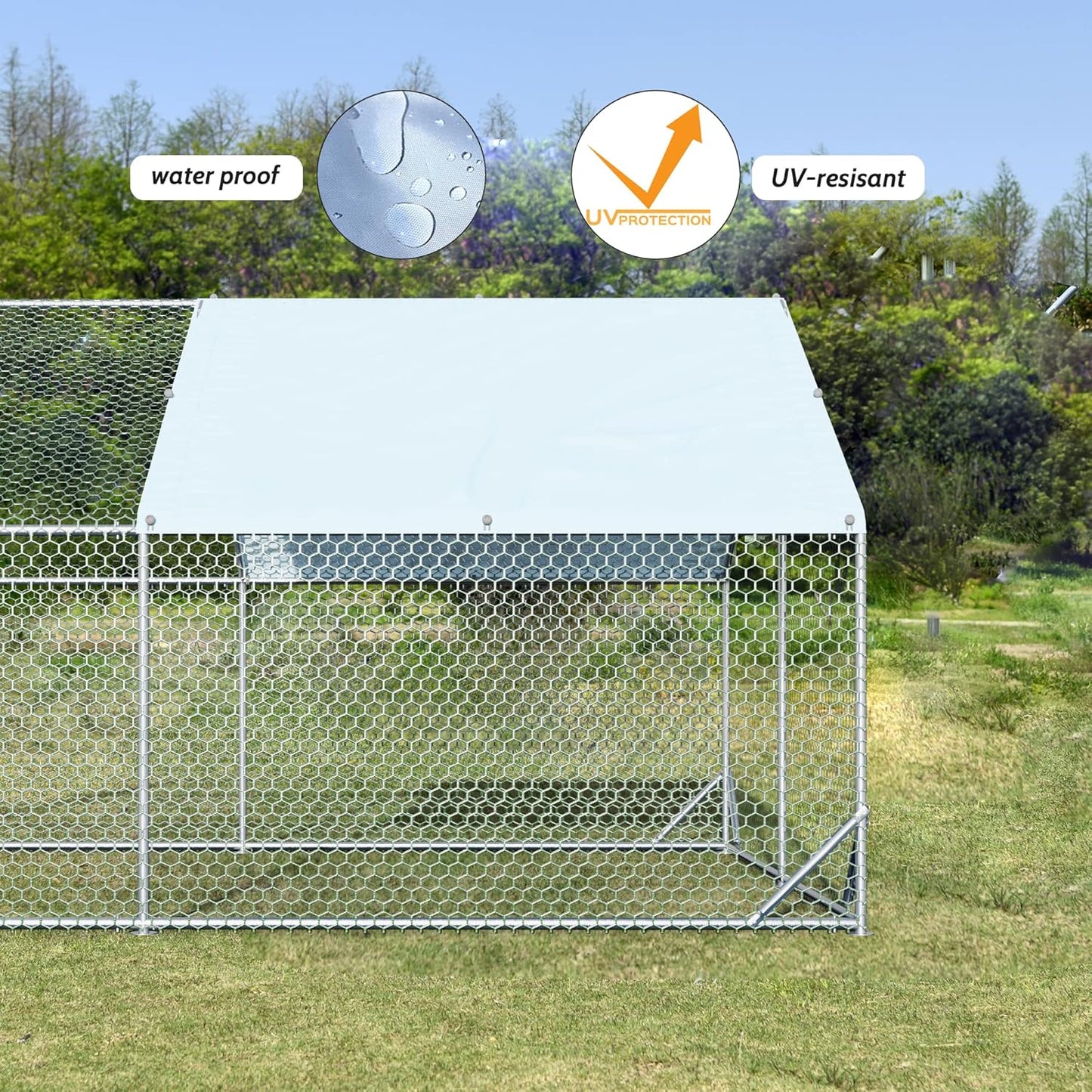 4ever2buy Large Metal Chicken Coop with Run Walk-in Poultry Cage Chicken Runs House Pen Cage Spire Roofed Chicken Coops with Anti-Ultraviolet Cover for Outdoor Backyard Farm Use 9.8’L x 6.6’W x 6.4’H