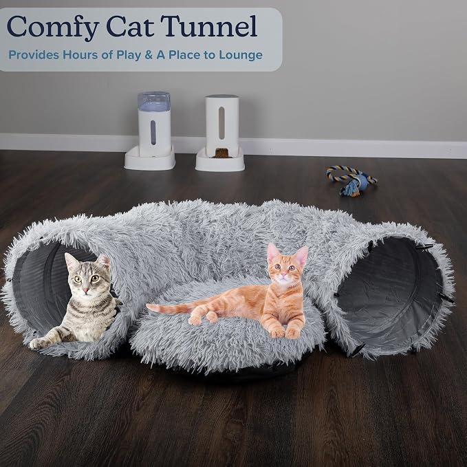Cat Tunnel with Bed for Indoor Cats - 3FT Multifunctional Cat Tunnel Bed with Toys - Soft, Plush Peekaboo Cat Cave for Kittens, Cats, Ferrets, and Rabbits - Cat Products by PETMAKER (Gray)