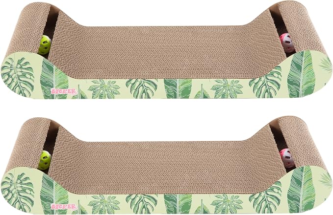 Rini 23.75" Modern Cardboard Cat Scratcher Lounge Bed with Built-in Bell Toys and Catnip, Ergonomic Curved Sofa Design, Mint/Green Leaf Pattern, Set of 2 CSR1003E-SET2