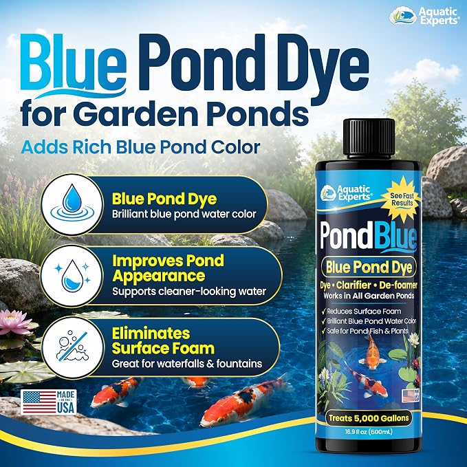 PondBlue Blue Pond Dye & Pond Colorant with De Foaming Action for Garden Ponds, Koi Ponds & Water Gardens, Safe for Pond Fish & Plants, 16.9 fl oz, Aquatic Experts