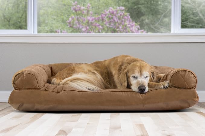 Furhaven Pillow Dog Bed for Large Dogs w/ Removable Bolsters & Washable Cover - Quilted Sofa - Toasted Brown, Jumbo/XL