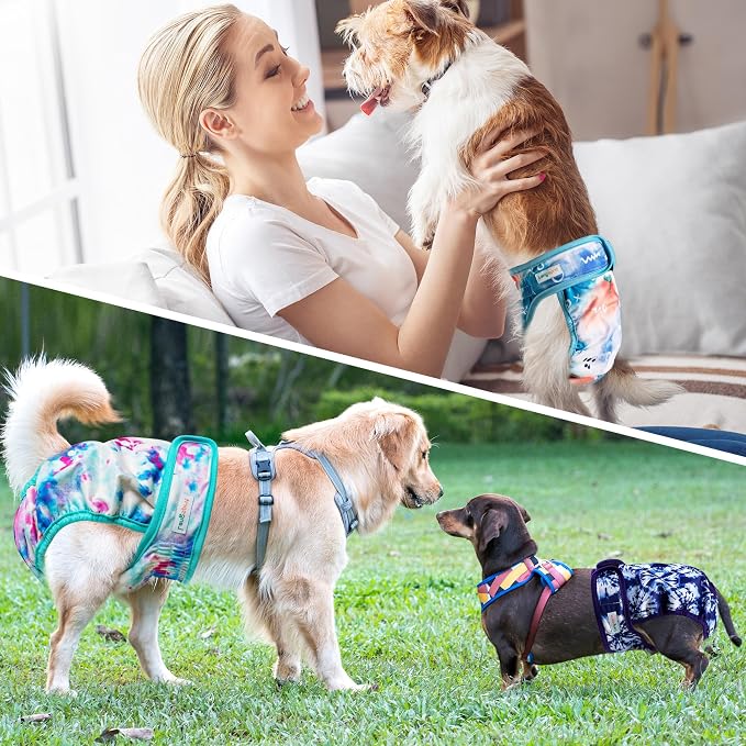 Langsprit Washable Female Dog Diapers (3 Pack) - No Leak Reusable Diapers for Doggy Female in Period - Highly Absorbent Dog Heat Panties with Adjustable Snaps Colourful M Size
