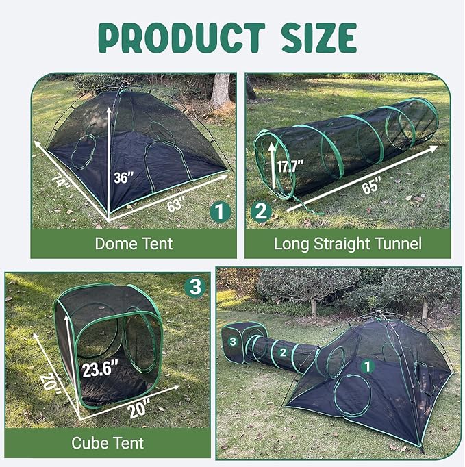 Pawtenda 3-in-1 Outdoor Cat Enclosures, Portable Catio Green Cat Tents for Outside, Cat Tents with 1 Dome Tent,1 Straight Tunnel and 1 Cube, Outdoor Cat Playpen for Cats, Rabbits and Other Animals