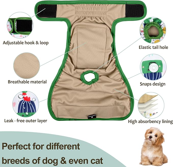 Washable Female Dog Diapers - Premium Reusable Diapers for Doggie in Heat - Highly Absorbent Dog Diapers Female for Pet Incontinence with Adjustable Snaps (Cactus, L)