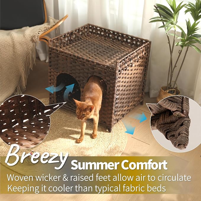 Wicker Cat House for 1-2 Cats Under 20 lb, Medium-Large Indoor Cat Condo No Assembly, Handwoven Rattan-Style Breathable Cat Bed Pet Cube for Living Room Bedroom, Suitable for Summer Use (Brown)