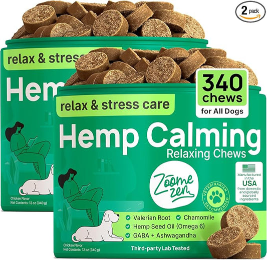 Hemp Calming Chews for Dogs Anxiety – Dog Calming Chews for Puppies & Adults – Stress, Sleep Aid & Dog Anxiety Relief Treats with Melatonin & Valerian – 2 Pack, 340 Count, Made in USA
