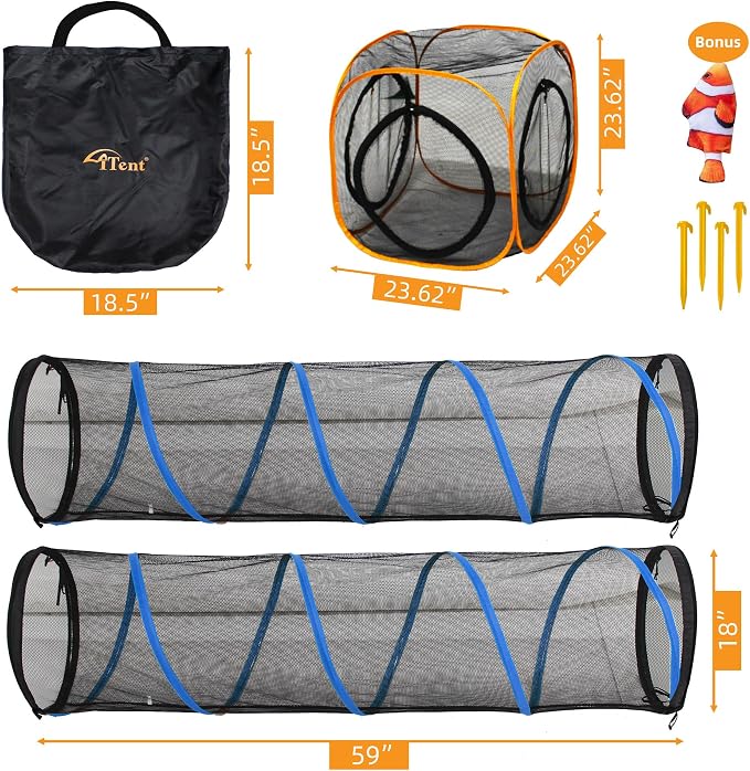 Cat Play Tunnel + Cube(with Three Ways) for Indoor and Outdoor, Cat Playpen, Play Enclosures, Collapsible Playhouse, Tunnel, Easy to Connect with Tent 2 Tunnels + Cube