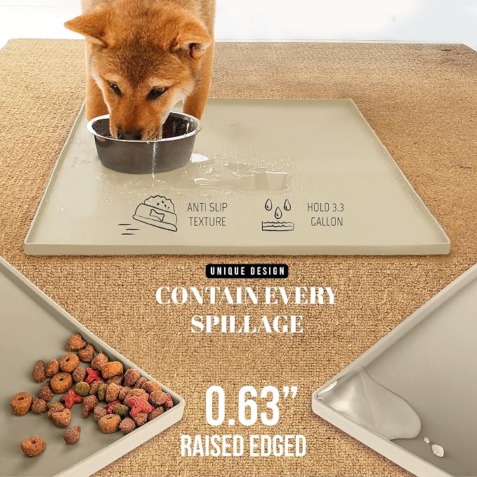 AVERYDAY 100% Waterproof Thicker Silicone Dog Food Mat, 0.63'' Raised Edge Bowl Mat for Food & Water, Non Slip Pet Feeding Placemat for Messy Drinkers, Perfect for Large Medium Small Breeds, 23"x16"