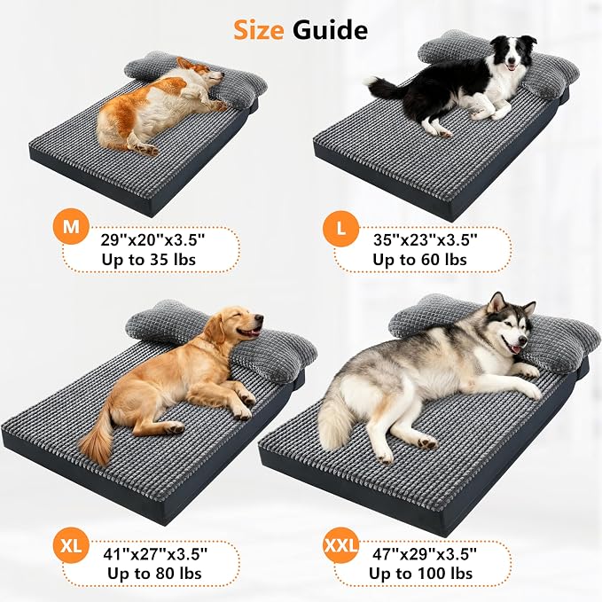 KISYYO Orthopedic XXL Dog Beds for Extra Large Dogs with Removable Washable Cover and Removable Pillow for Crate, Waterproof Extra Large Dogs Mat, Grey, 47x29