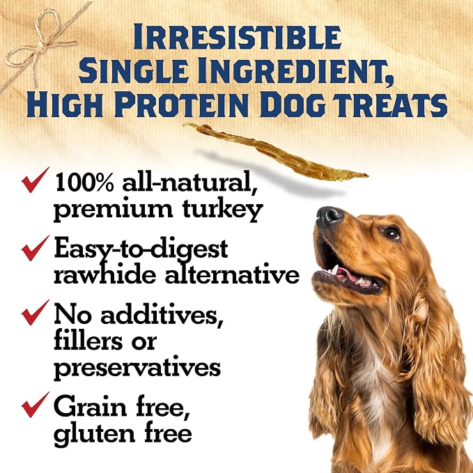 Turkey Tendons for Dogs Made and Raised in USA, All-Natural Chews for Small and Large Breeds, Single-Ingredient Treat, Healthy No Hide Dog Chews (3 oz)