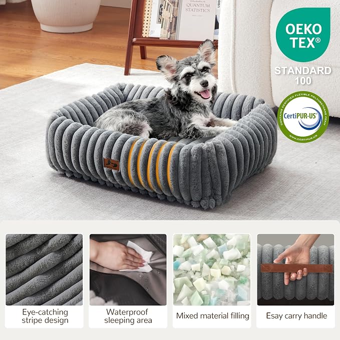 Cute Dog Bed for Small Dogs & Cats,Washable Fluffy Cat Beds for Indoor Cats, Rectangle Orthopedic Memory Foam Puppy Beds with Anti-Slip Bottom, 20 x19 x 7 Inches, Grey(20x19x6inchs)