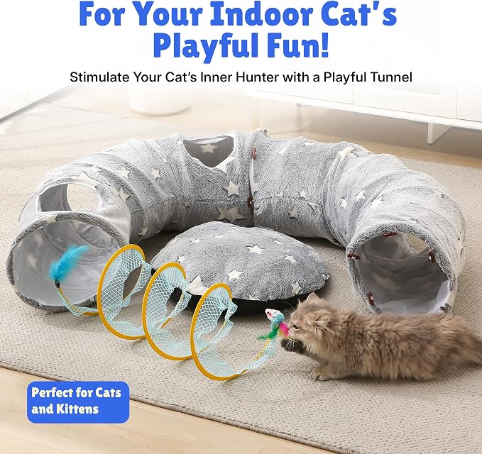 Cat Tunnel Bed for Indoor Cats | Plush Interactive Donut Tunnel, Peekaboo Holes, Shape-Shifting Design, Washable Cushion, For Small to Medium Pets