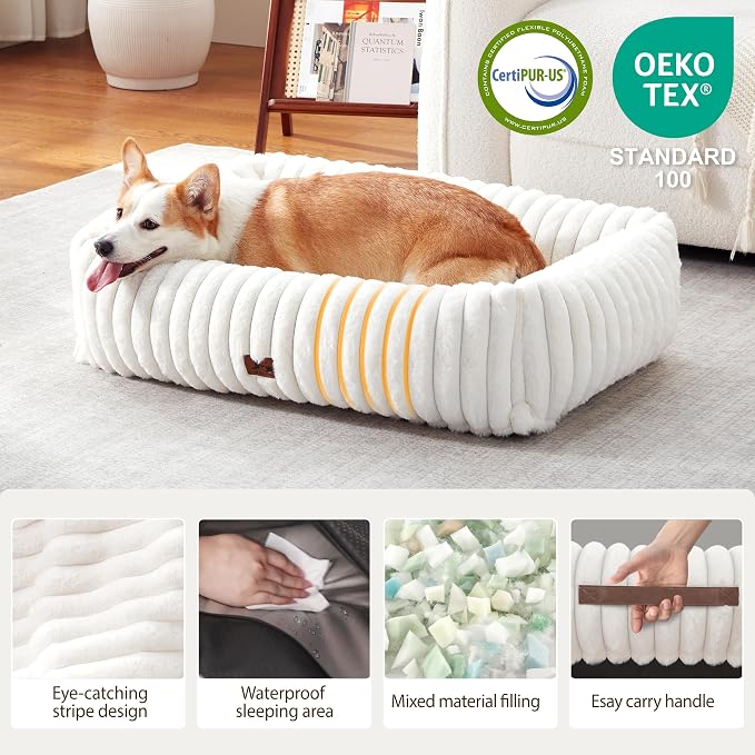 Dog Beds Large Sized Dog,Rectangle Orthopedic Pet Bed for Large Dog, Comfort Fluffy Memory Foam Dog Beds with Anti-Slip Bottom,Cream(35x25x9inchs)