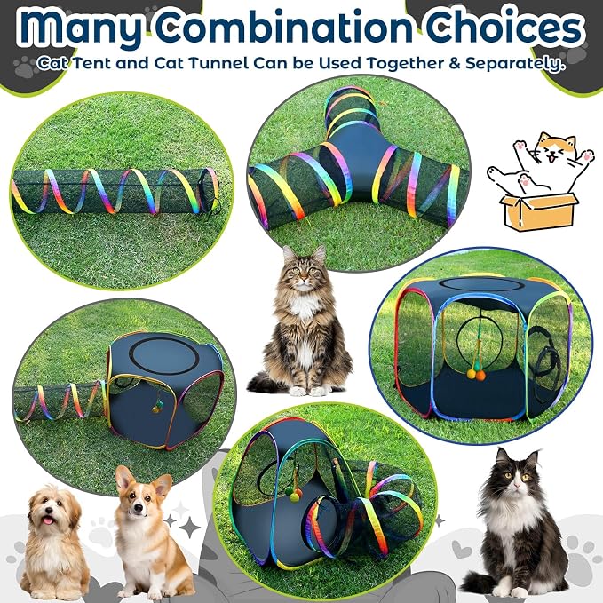 CypherX Outdoor Rainbow Cat Enclosure, 7-in-1 Portable Pop Up Cat Tents and Tunnels for Outside, Outdoor Catio Mesh Pet Playpen House, Large Playground for Large Cats and Other Animals