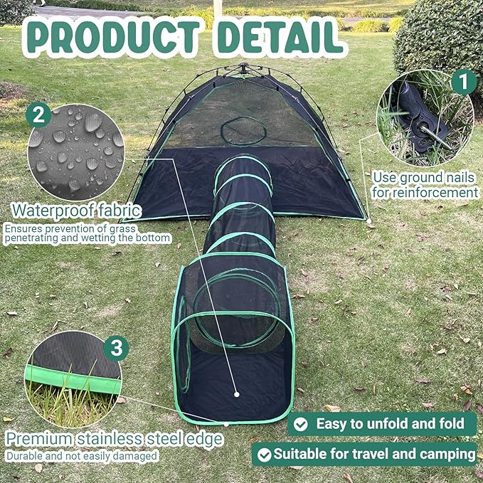 Pawtenda 3-in-1 Outdoor Cat Enclosures, Portable Catio Green Cat Tents for Outside, Cat Tents with 1 Dome Tent,1 Straight Tunnel and 1 Cube, Outdoor Cat Playpen for Cats, Rabbits and Other Animals