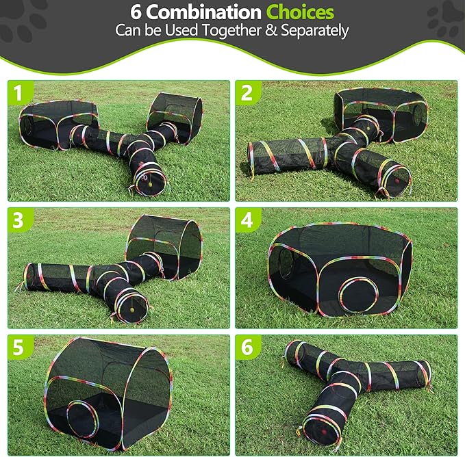 Outdoor Cat Enclosure, 3-in-1 Portable Pop Up Cat Mesh Tent with Tunnel for Cat Run, Easy Set Up and Foldable Catio Playground for Indoor Cats, Rabbits & Small Animals, Includes Storage Bag