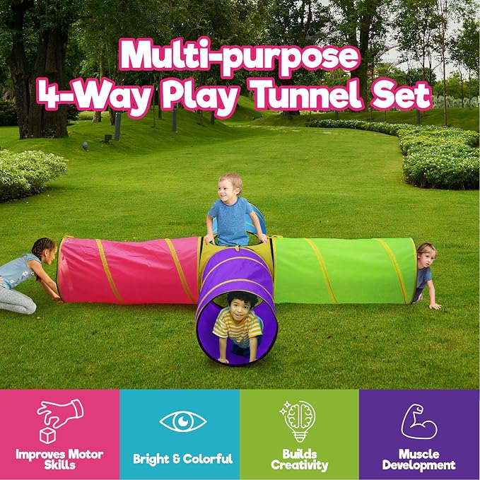 Hide N Side Kids Play Tunnels, Indoor Outdoor Crawl Through Tunnel for Kids Dog Toddler Babies Children, Pop up Tunnel Gift Toy (Multi, 4 Way)