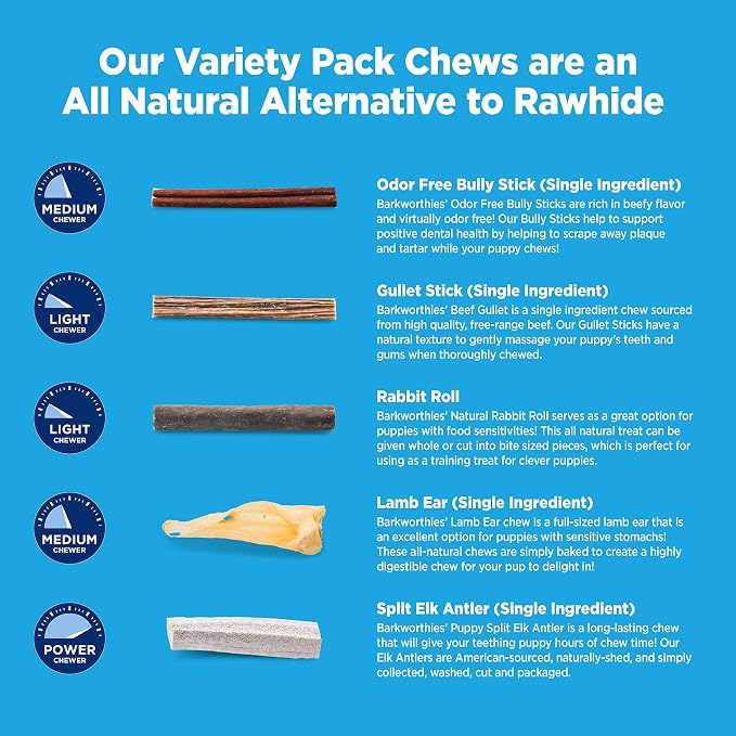 Barkworthies Puppy Variety Pack - 5 Count (Pack of 1) - Protein-Rich, All-Natural, Easily Digestible, Rawhide Alternative, Promotes Dental Health