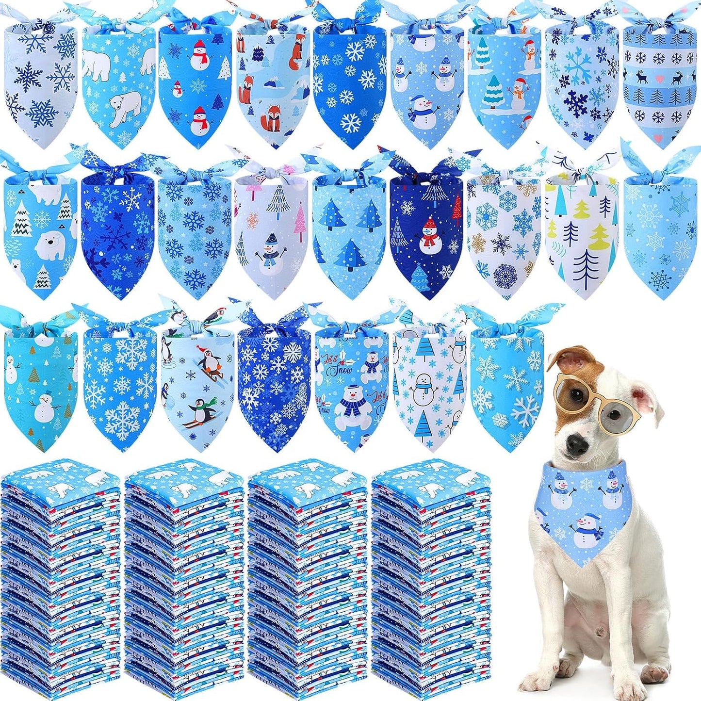 Abbylike 200 Pieces Winter Dog Bandanas Bulk Blue Snowflake Dog Bandanas for Pets Triangle Kerchief Scarf Bibs for Winter Pets Cats Party Costume Accessories (25.6 x 17.7 x 17.7)