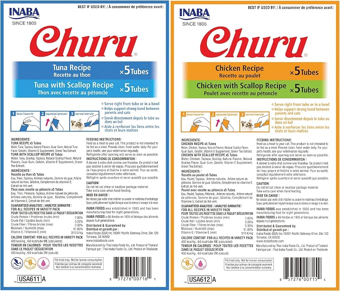 INABA Churu Tuna, Chicken and Scallop Lickable Creamy Purée Cat Treats Variety Pack of 20 Tubes