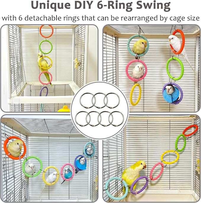 2PCS Natural Wood Bird Spinner Toys & 6-Ring Swing Set - Chewing Hanging Toys with Bells & Cotton Rope Swing for Cockatiel, Conure, Lovebird, Budgie, Quaker