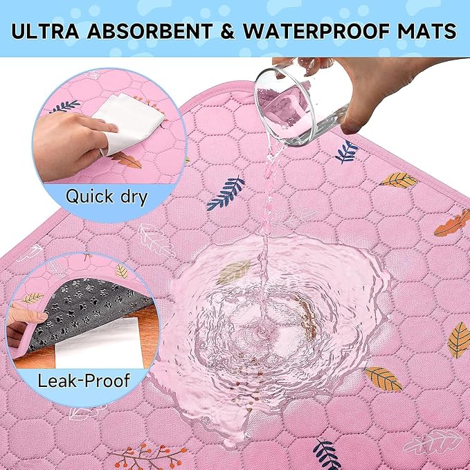 Sunheir Washable Pee Pads for Small Pet 5-Pack, Reusable Pet Training Pads Absorbent & Leak-Free, Waterproof Pee Pads for Dog Cat Rabbit Guinea Pig Hamster, Whelping Pad (Leaves - Pink, 12x12)