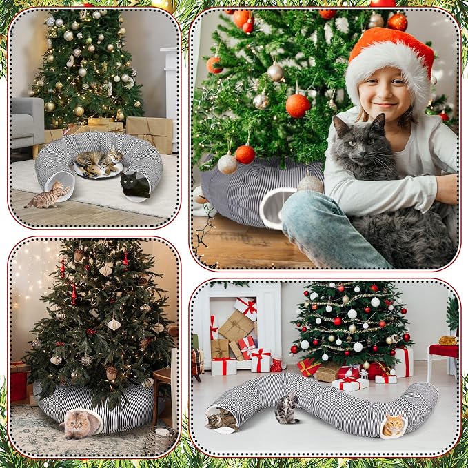 Soulchen Black and White Cat Tunnel Bed Under Christmas Tree 3ft x 3ft x 9.8in Detachable Donut Tunnel Sandworm 3-in-1 Indoor Cats Cave for Kitty Rabbit Ferret Puppy(Striped Black)