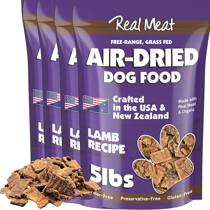 TRMC Real Meat Air Dried Dog Food w/Real Lamb - Four 5lb Bag of USA-Crafted Grain-Free Real Meat Dog Food Sourced from Hormone-Free, Free Range, Grass-Fed Lamb - Digestible, Natural, High Protein