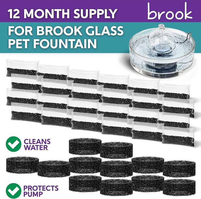 BROOK Glass Pet Fountain Filter Replacement Set – 12 Filter Rings & 24 Activated Carbon Pouches – Up to 12 Month Supply Replacement Filters Set for BROOK Cat Fountain