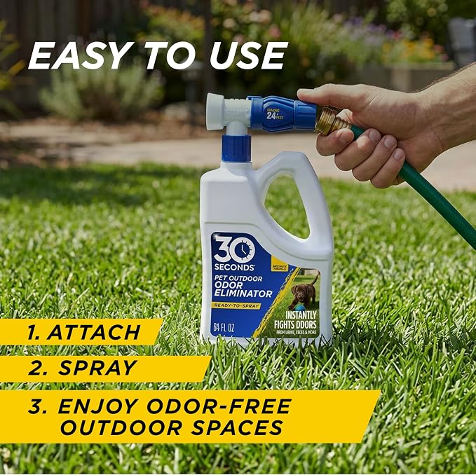 30 Seconds Outdoor Odor Eliminator for Pets, Dogs, For Grass, Turf, Lawns, Kennels & Dog runs, Enzyme Cleaner Hose Sprayer with Concentrate Refill (64 Oz Hose End Sprayer & 1 Gallon Refill Bottle)