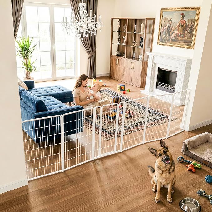 FXW Dog Gate Extra Wide Designed for Indoor Use, Adjustable Width Up to 165-inch Wide (45" H 6 Wire Panels for Large Dogs), White