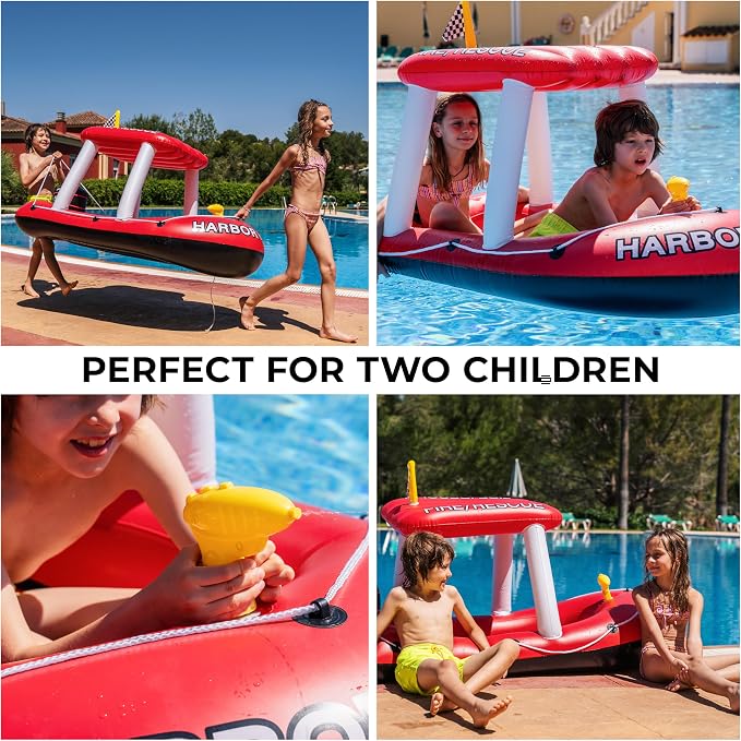 Police Boat Inflatable Pool Floats Kids, Toddler Harbor Master Police Patrol Inflatable Boat Pool Float Ride On, Fun Water Toy Squirter Pool Toy, Police & Fire Rescue Theme Pool Raft for Boys, Girl