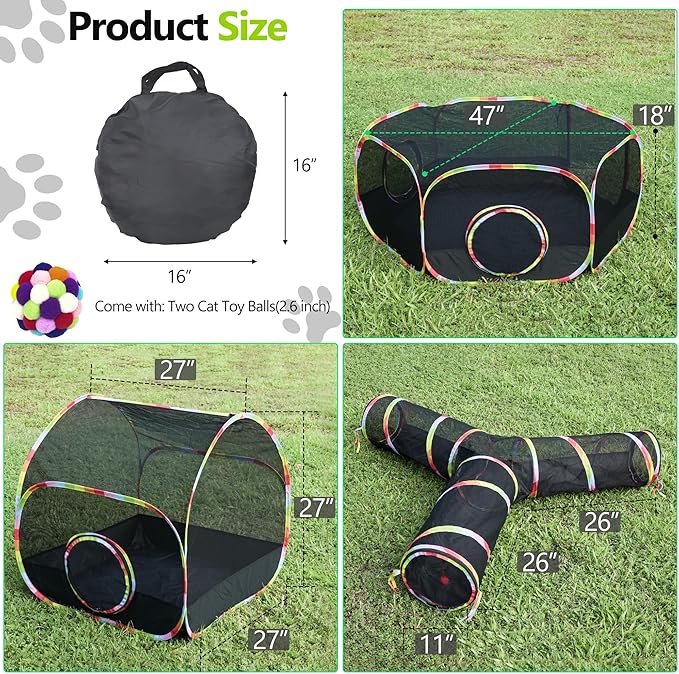 Outdoor Cat Enclosure, 3-in-1 Portable Pop Up Cat Mesh Tent with Tunnel for Cat Run, Easy Set Up and Foldable Catio Playground for Indoor Cats, Rabbits & Small Animals, Includes Storage Bag