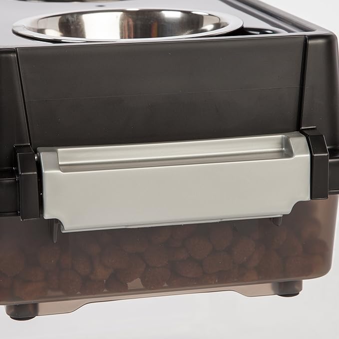 IRIS USA Elevated Dog Bowls with Storage, 6" H Raised Feeding Station, Dog Bowl Stand with Airtight Food Storage Holds 5 lbs, 4 Removable 16 oz Stainless Steel Food and Water Bowls, Smoke/Black