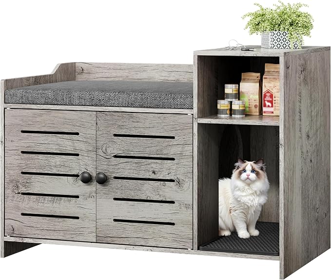Cat Litter Box Enclosure, Hidden Litter Box Cabinet Furniture with Scratch Pad, Farmhouse Indoor Cats House with Storage Layer for Hallway, Bedroom