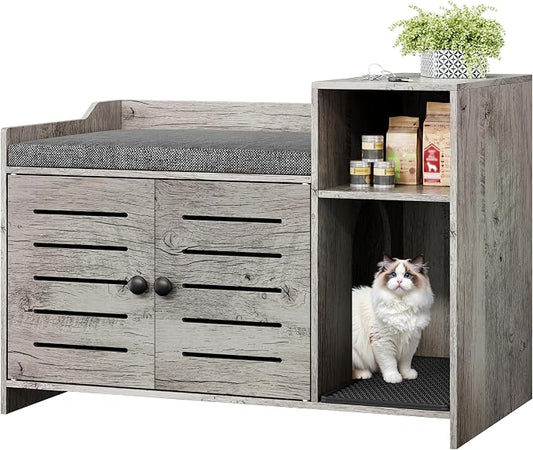 Cat Litter Box Enclosure, Hidden Litter Box Cabinet Furniture with Scratch Pad, Farmhouse Indoor Cats House with Storage Layer for Hallway, Bedroom
