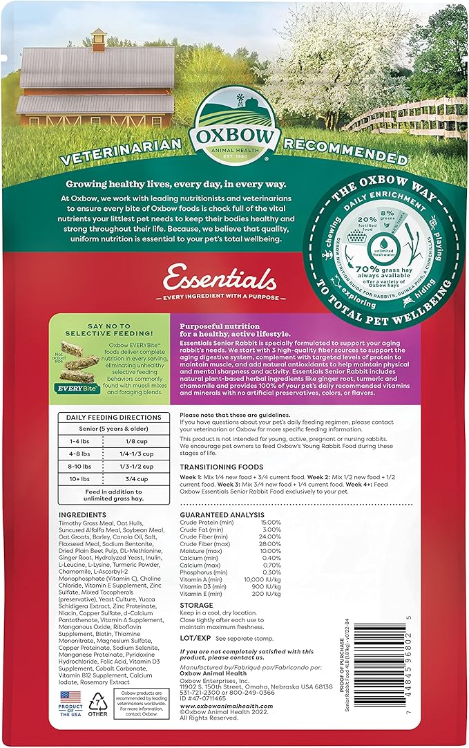 Oxbow Essentials Senior Rabbit Food, Alfalfa-Based Rabbit Pellets for Older Bunnies, High Fiber, Vitamin & Mineral Rich, Vet Formulated, Healthy Rabbit Diet for Adult Rabbits, Made in USA, 4 lb Bag