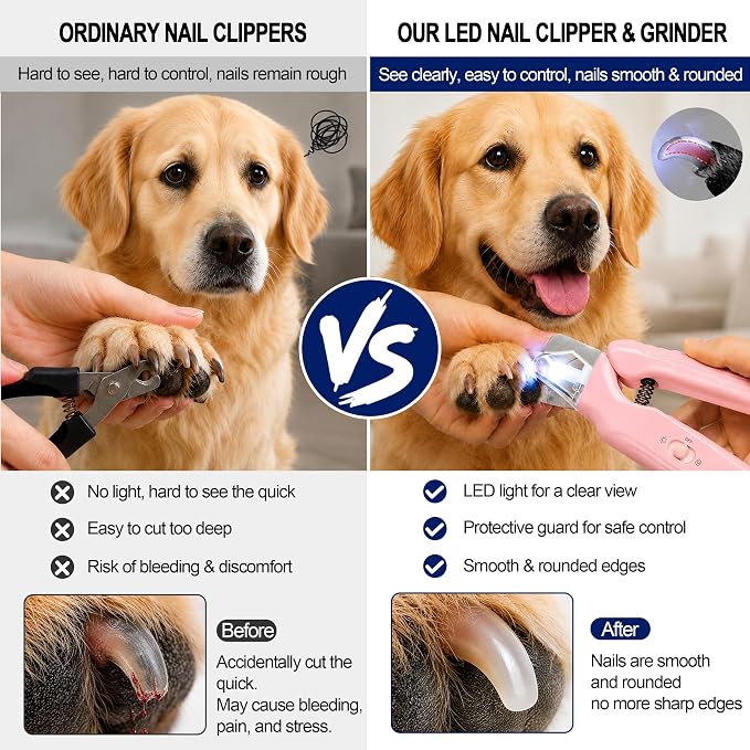 2-in-1 Dog Nail Clippers with Light - Electric Pet Nail Grinder Quiet for Small Large Dogs & Cats, LED Prevent Over Cutting, USB-C Rechargeable Safety Guard Grooming Kit for Black Nails, Pink