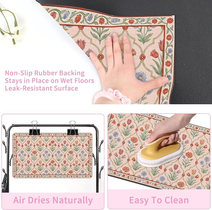 Vintage Floral Pet Feeding Mat, Absorbent Dog & Cat Food Mat for Bowl, Non-Slip Quick Dry Pet Placemat Floor Protector for Messy Drinkers(17 x 30 in)