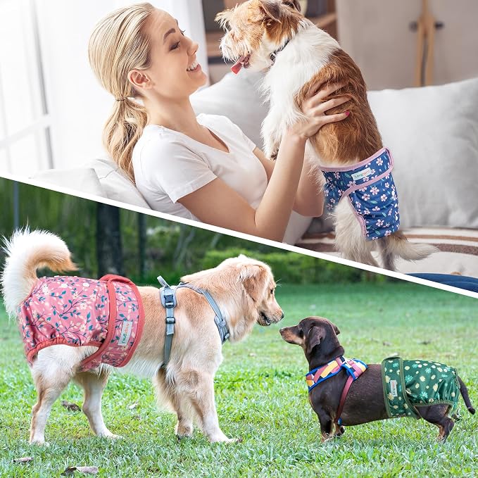 Langsprit Washable Female Dog Diapers - Doggie Reusable Diapers for Doggy Puppy Female in Period - Highly Absorbent Dog Heat Panties Flower-1 XXL