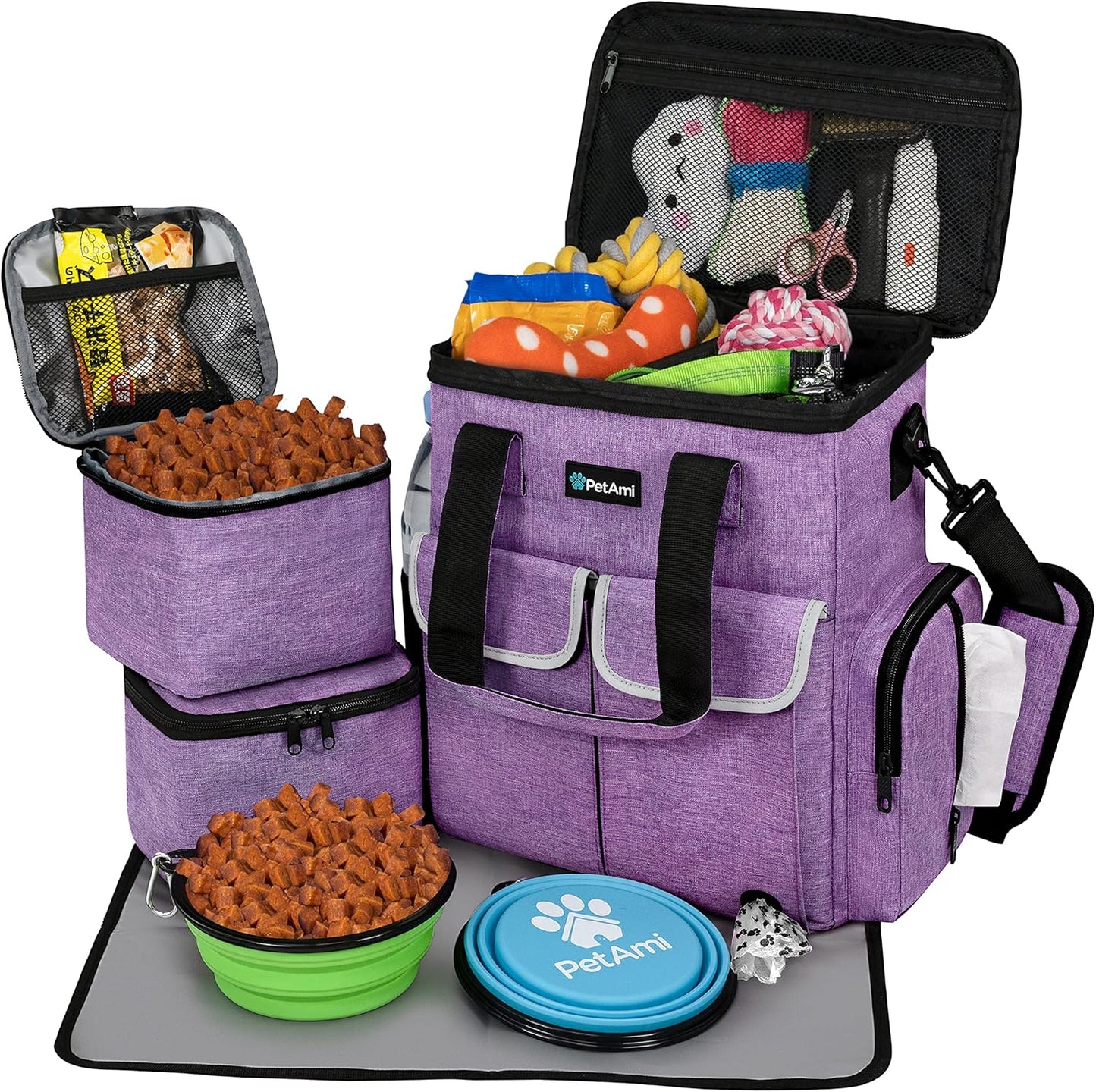 PetAmi Dog Travel Bag Pet Supplies Accessories Organizer for Traveling, Camping, Weekend; Cat Pet Travel Bag Kit Includes 2 Food Storage Containers, 2 Collapsible Bowls, 1 Feeding Mat (Purple)