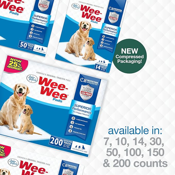 Four Paws Wee-Wee Superior Performance Unscented Puppy Pee Pads for Dogs & Puppies, Quilted Leak-Proof Dog Housebreaking Potty Training Floor Protection, Pet Supplies, 22" x 23", 200 Count