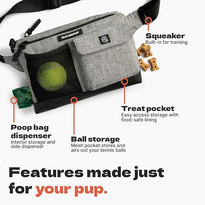 Cleverpup Walk & Train 2-in-1 Dog Walking Bag - Hands-Free Training Crossbody Sling & Fanny Pack with Treat Pouch, Poop Bag Holder, Phone Pockets - Adjustable Waist or Shoulder Strap - Heather Grey