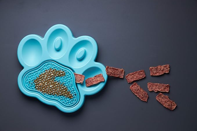 PetDreamHouse PAW 2-in-1 Slow Feeder Interactive Bowl and Removable Lick Mat Pad for Dogs, Puppies or Cats Plate Food Treats Controls Fast Eating Anti Bloating - Blue