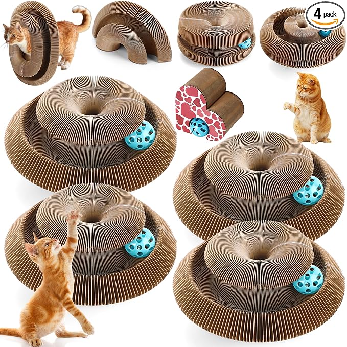 Soulchen 4 Pcs Magic Organ Cat Scratching Board, Combinable Cats Toy for Adult Pets, Interactive Cardboard Kitten Scratcher with Bell Ball, Durable Foldable Accordion Scratch Pad(Heart)
