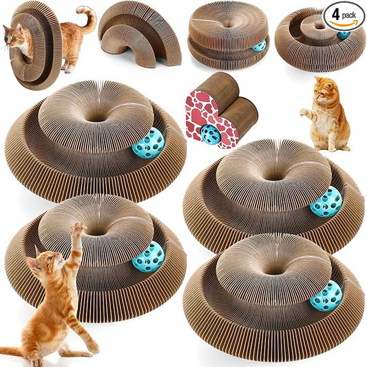 Soulchen 4 Pcs Magic Organ Cat Scratching Board, Combinable Cats Toy for Adult Pets, Interactive Cardboard Kitten Scratcher with Bell Ball, Durable Foldable Accordion Scratch Pad(Heart)