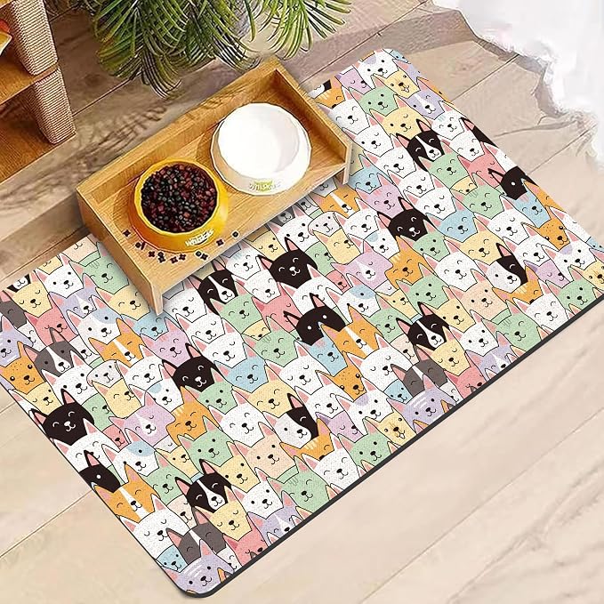 Dog Food Mat, Absorbent Pet Feeding Mat for Dog & Cat Food and Water Bowl, Non-Slip Quick Dry Pet Placemat Floor Protector for Messy Drinkers(12 x 20in)