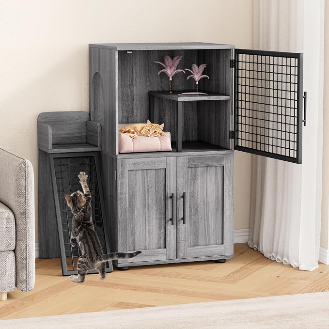 Cat Litter Box Enclosure Furniture with Double Layer Design, Hidden Litter Box & Lounge Villa for Indoor Cats - Includes Ladder, Platform, and Washroom Space for Living Room, Wax Wood