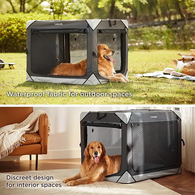 Lesure Collapsible Dog Crate - Portable Travel Kennel for Medium Dog, 4-Door Pet Crate with Mesh Windows, Indoor & Outdoor, Charcoal Gray