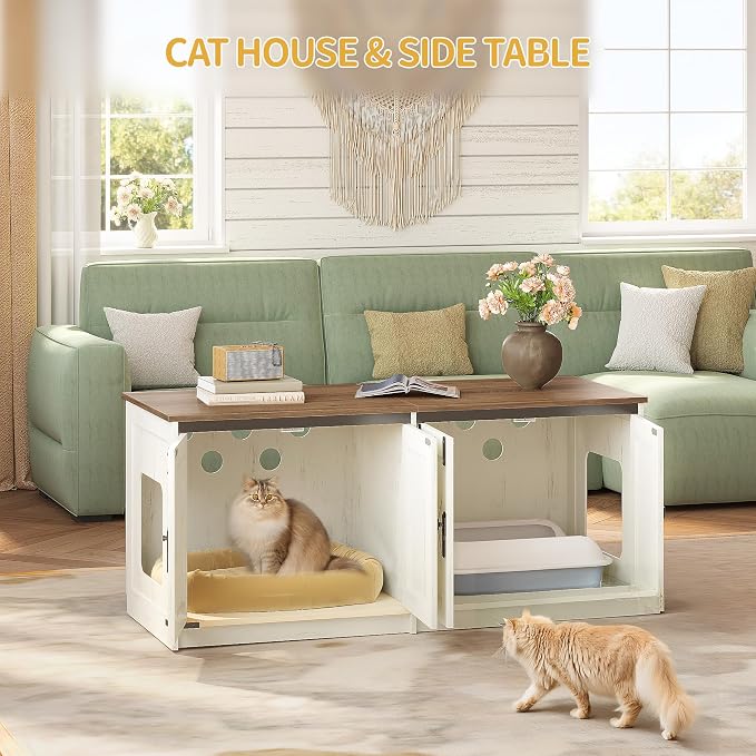 Hzuaneri Cat Litter Box Enclosure for 2 Cats, Hidden Litter Box Furniture Cabinet with Double Room, Indoor Cat House, Farmhouse Style, 46.7 x 18.9 x 21.1 Inches, Rustic Brown and White CB85314X